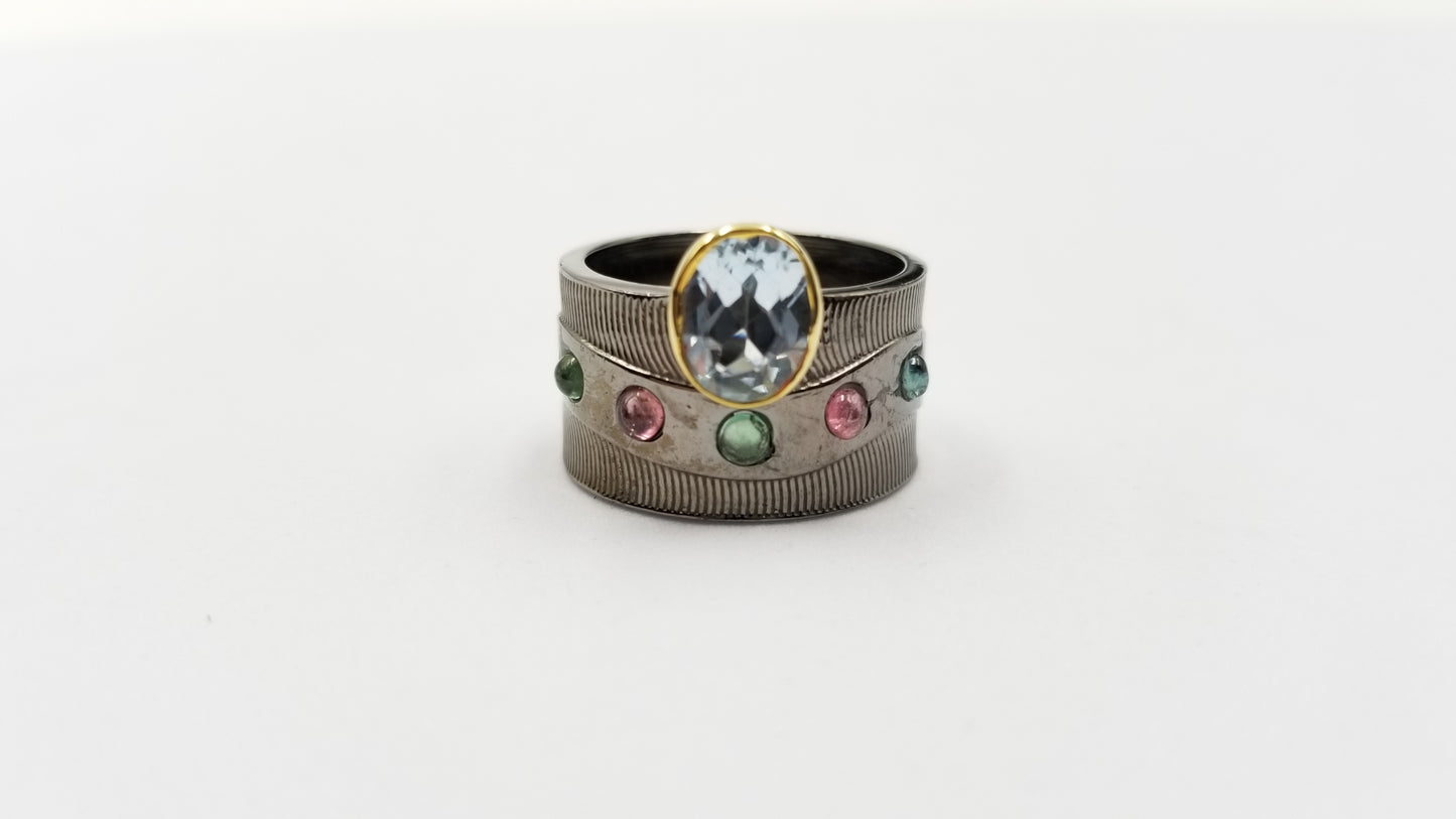 MULTI COLOR STONES / BLUE TOPAZ TWO TONE / BLACK RHODIUM FINISHED STERLING SILVER RING
