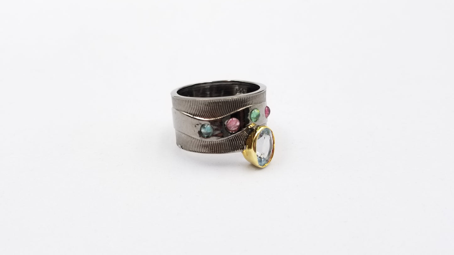 MULTI COLOR STONES / BLUE TOPAZ TWO TONE / BLACK RHODIUM FINISHED STERLING SILVER RING