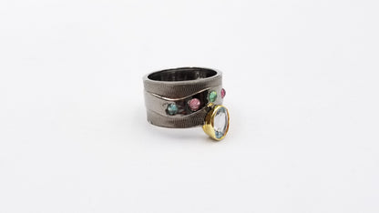 MULTI COLOR STONES / BLUE TOPAZ TWO TONE / BLACK RHODIUM FINISHED STERLING SILVER RING