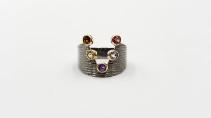 MULTI COLOR STONES TWO TONE STERLING SILVER BLACK RHODIUM FINISHED STERLING SILVER RING