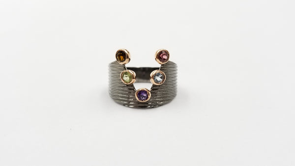 MULTI COLOR STONES TWO TONE STERLING SILVER BLACK RHODIUM FINISHED STERLING SILVER RING