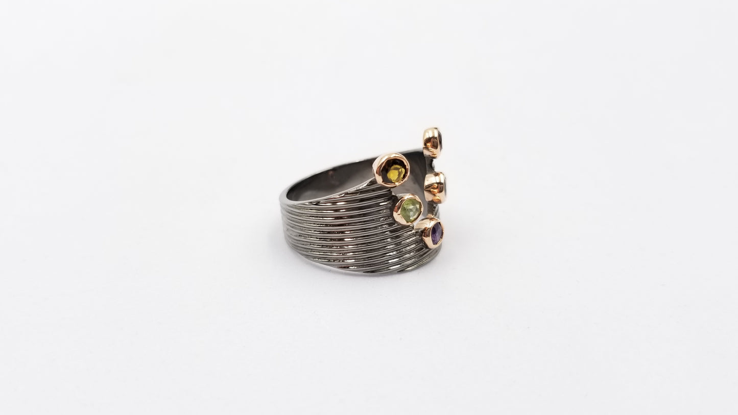 MULTI COLOR STONES TWO TONE STERLING SILVER BLACK RHODIUM FINISHED STERLING SILVER RING