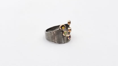 MULTI COLOR STONES TWO TONE STERLING SILVER BLACK RHODIUM FINISHED STERLING SILVER RING
