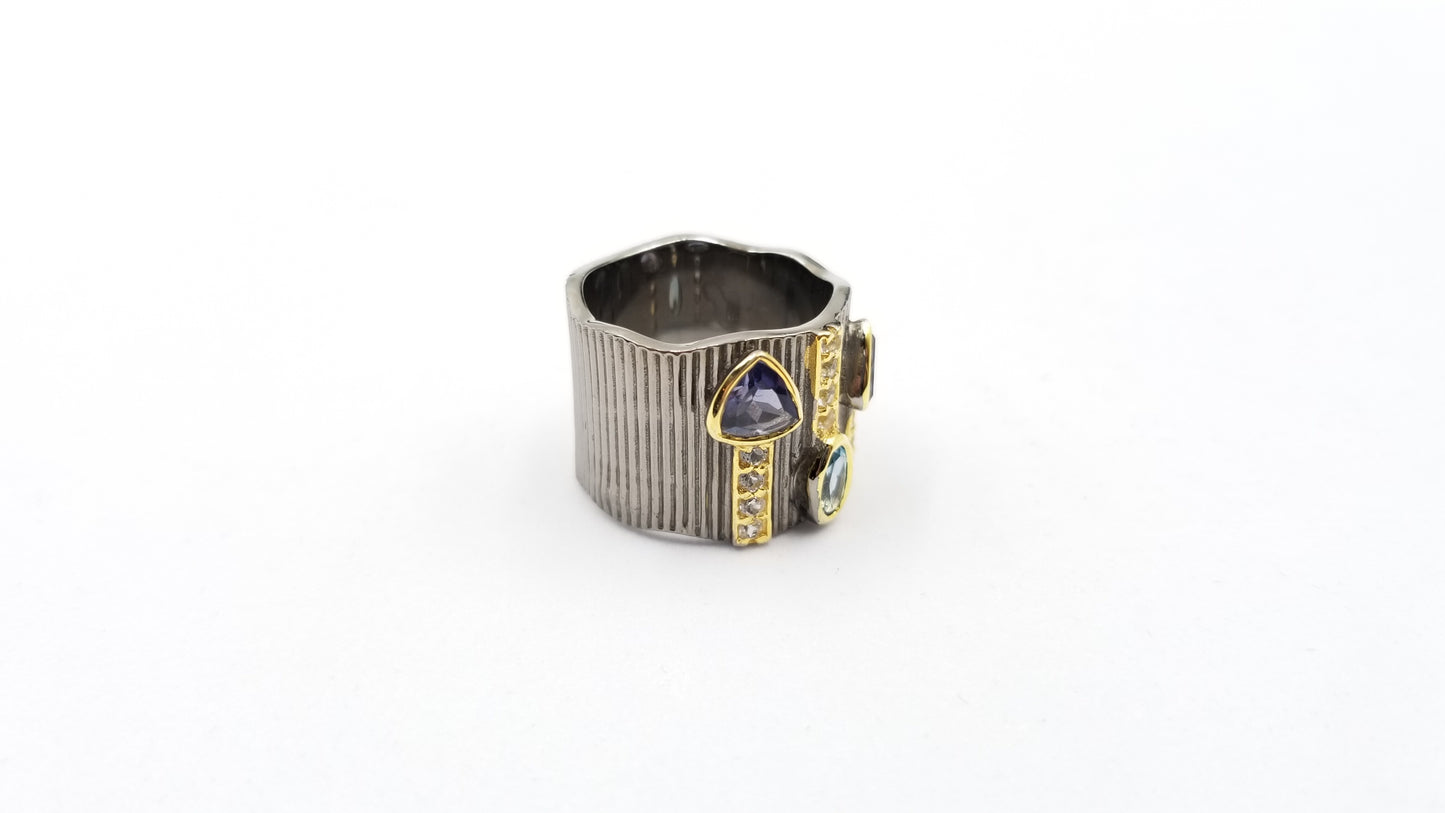 IOLITES /BLUE TOPAZ WITH CZ TWO TONE /BLACK RHODIUM FINISHED STERLING SILVER RING