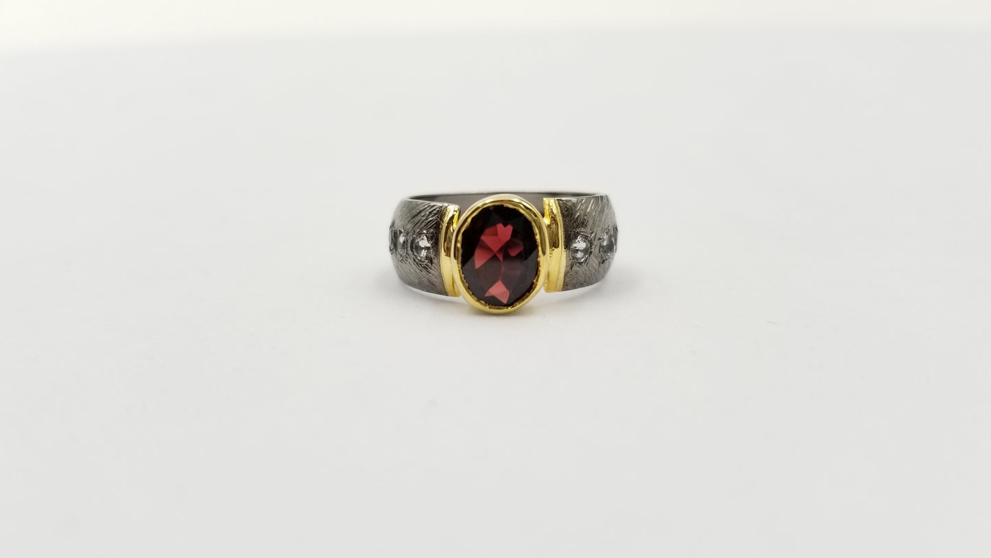 GARNET WITH TOPAZ  TWO TONE/ BLACK RHODIUM FINISHED STERLING SILVER RING