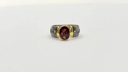 GARNET WITH TOPAZ  TWO TONE/ BLACK RHODIUM FINISHED STERLING SILVER RING