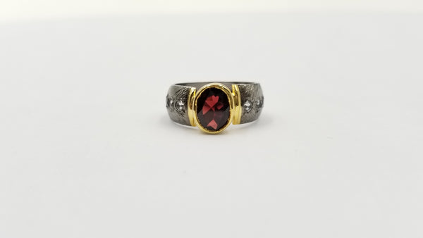 GARNET WITH TOPAZ  TWO TONE/ BLACK RHODIUM FINISHED STERLING SILVER RING