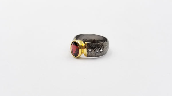 GARNET WITH TOPAZ  TWO TONE/ BLACK RHODIUM FINISHED STERLING SILVER RING