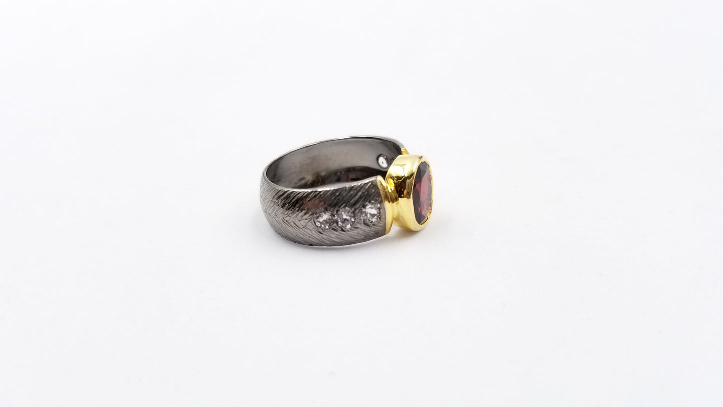 GARNET WITH TOPAZ  TWO TONE/ BLACK RHODIUM FINISHED STERLING SILVER RING