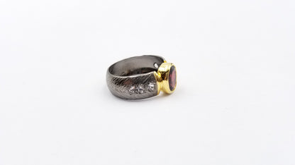 GARNET WITH TOPAZ  TWO TONE/ BLACK RHODIUM FINISHED STERLING SILVER RING