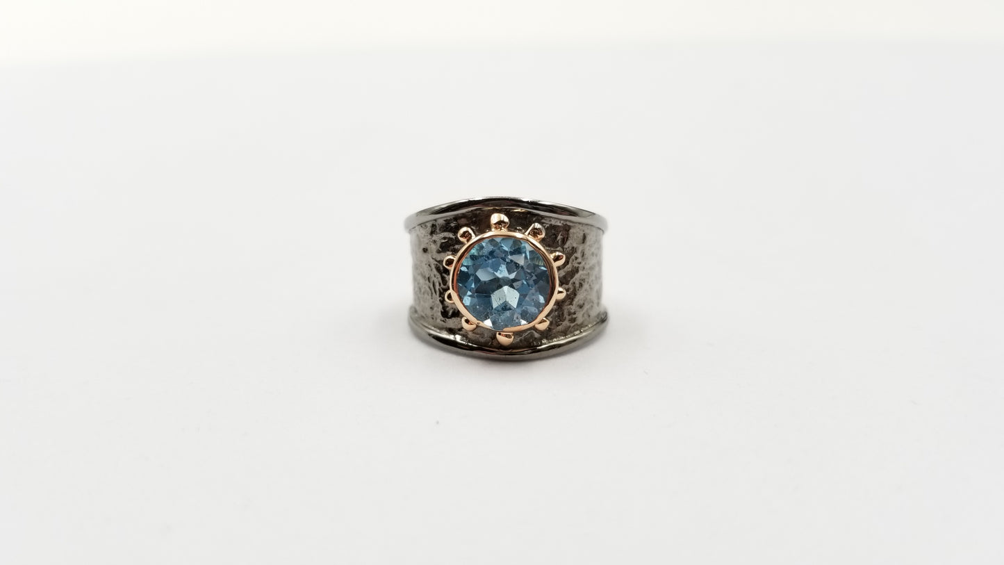 BLUE TOPAZ TWO TONE BLACK RHODIUM FINISHED STERLING SILVER RING