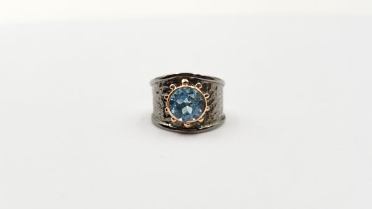 BLUE TOPAZ TWO TONE BLACK RHODIUM FINISHED STERLING SILVER RING