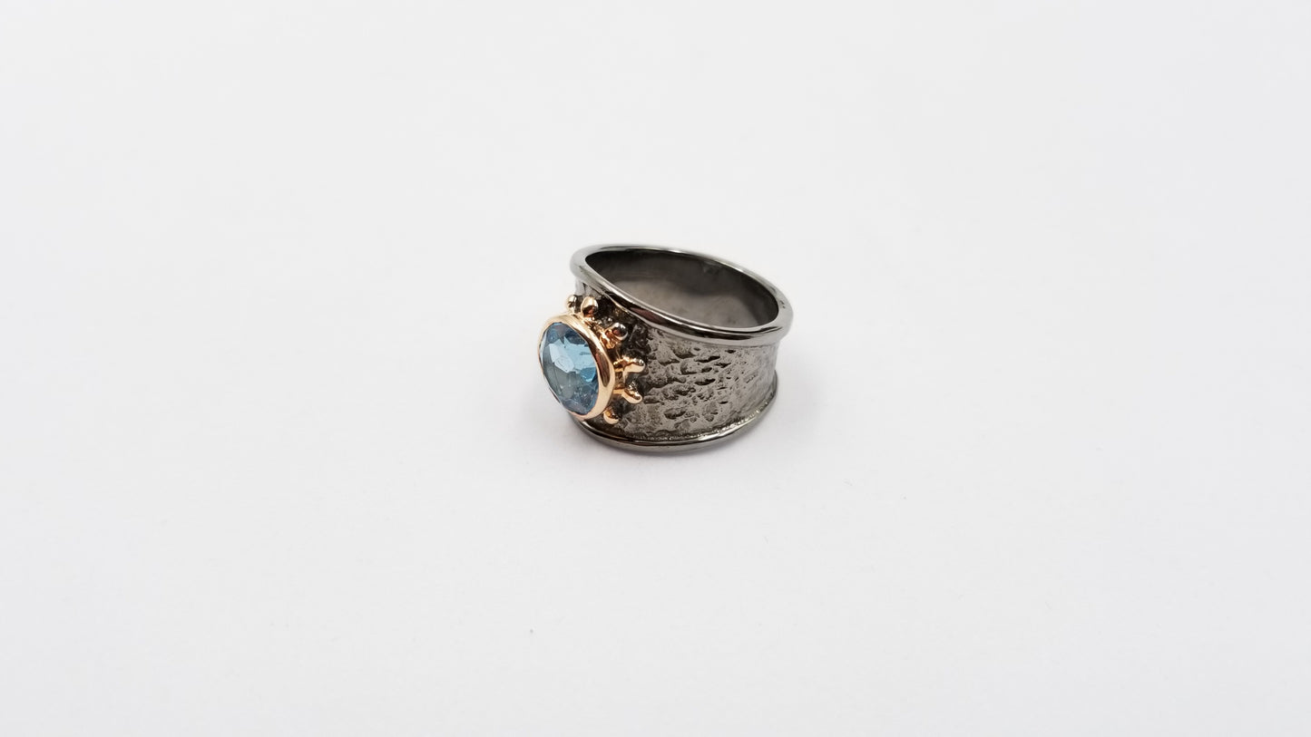 BLUE TOPAZ TWO TONE BLACK RHODIUM FINISHED STERLING SILVER RING