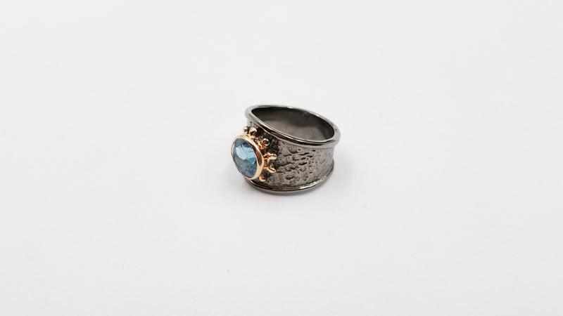 BLUE TOPAZ TWO TONE BLACK RHODIUM FINISHED STERLING SILVER RING