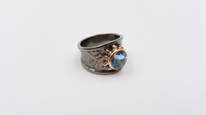 BLUE TOPAZ TWO TONE BLACK RHODIUM FINISHED STERLING SILVER RING