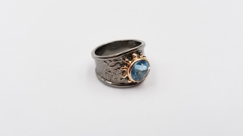 BLUE TOPAZ TWO TONE BLACK RHODIUM FINISHED STERLING SILVER RING