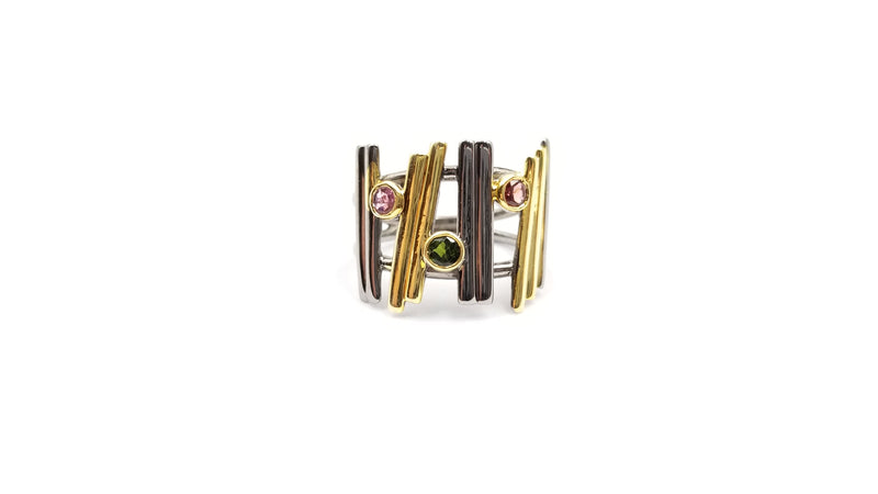 MULTI COLOR STONES TWO TONE STERLING SILVER RING