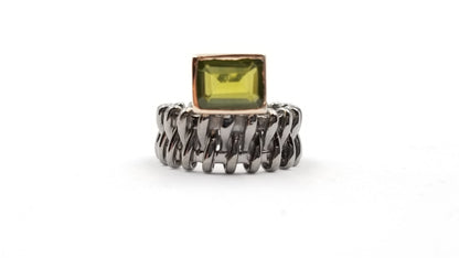 PERIDOT SQUARE BEZEL SET TWO TONE/ BLACK RHODIUM FINISHED STERLING SILVER RING