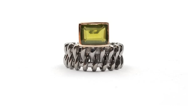 PERIDOT SQUARE BEZEL SET TWO TONE/ BLACK RHODIUM FINISHED STERLING SILVER RING