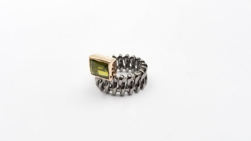 PERIDOT SQUARE BEZEL SET TWO TONE/ BLACK RHODIUM FINISHED STERLING SILVER RING