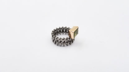 PERIDOT SQUARE BEZEL SET TWO TONE/ BLACK RHODIUM FINISHED STERLING SILVER RING