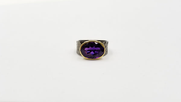 AMETHYST TWO TONE / BLACK RHODIUM FINISHED STERLING SILVER RING