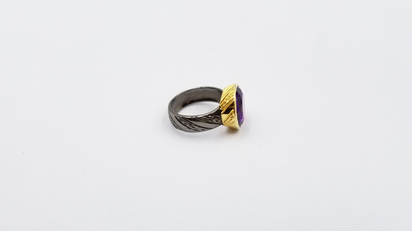 AMETHYST TWO TONE / BLACK RHODIUM FINISHED STERLING SILVER RING