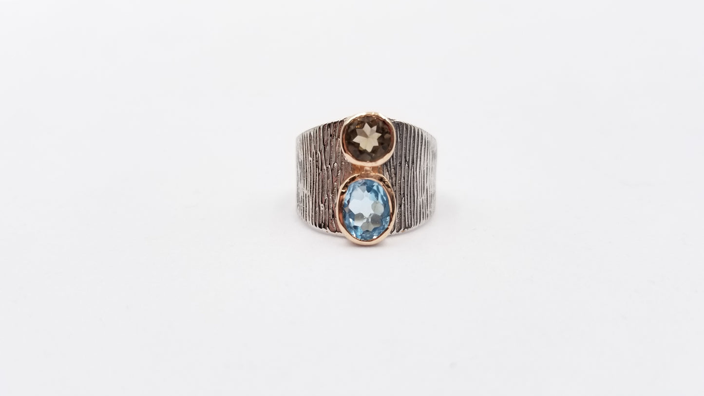 AMETHYST / BLUE TOPAZ TWO TONE STERLING SILVER RING