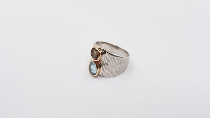 AMETHYST / BLUE TOPAZ TWO TONE STERLING SILVER RING
