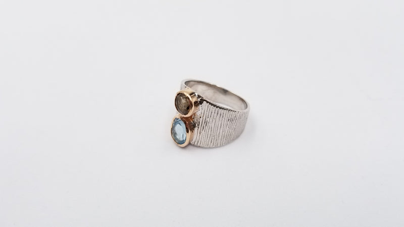 AMETHYST / BLUE TOPAZ TWO TONE STERLING SILVER RING