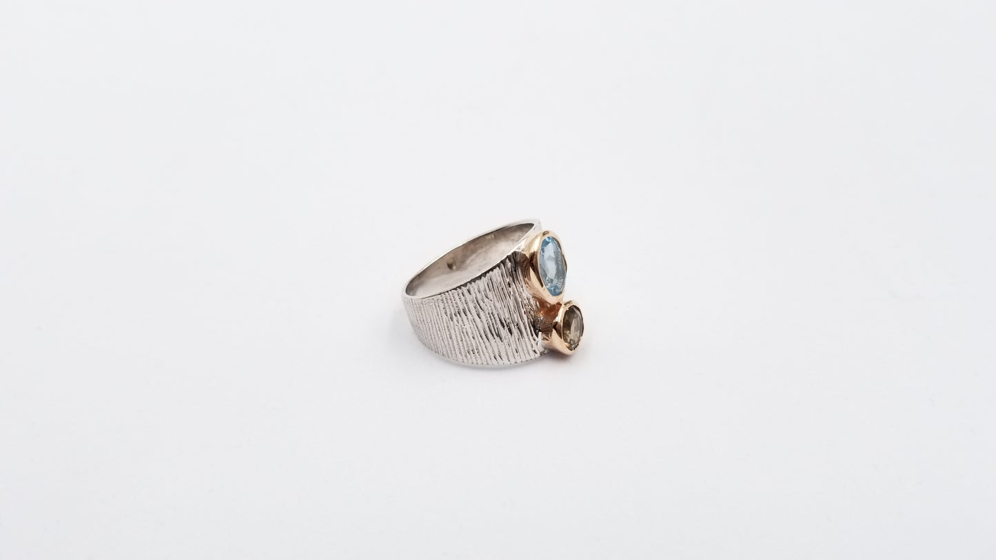 AMETHYST / BLUE TOPAZ TWO TONE STERLING SILVER RING