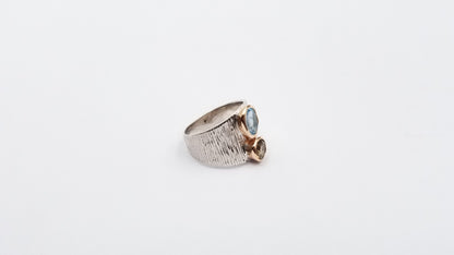 AMETHYST / BLUE TOPAZ TWO TONE STERLING SILVER RING