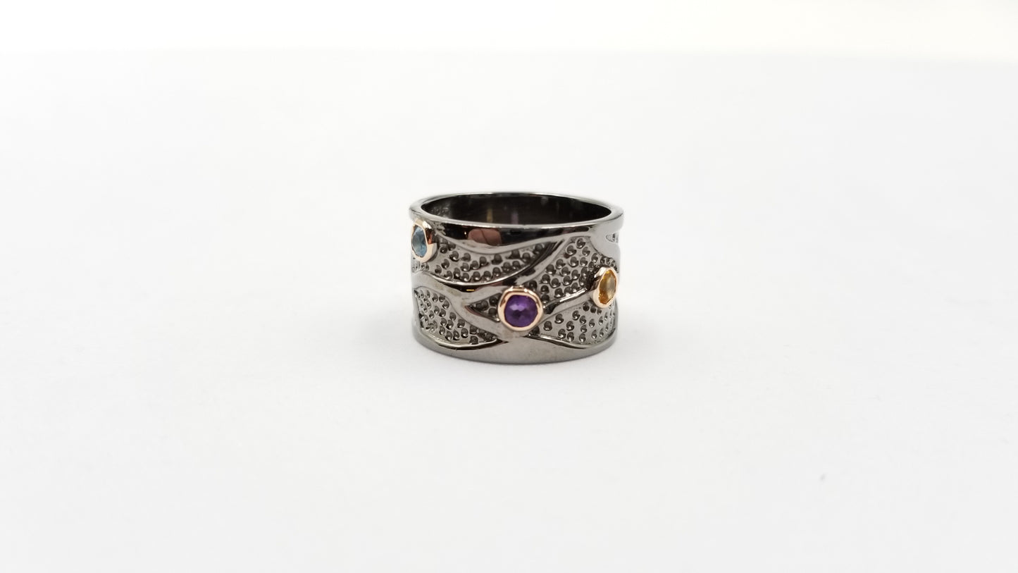 MULTI COLOR STONES BLACK RHODIUM FINISHED STERLING SILVER RING