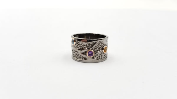 MULTI COLOR STONES BLACK RHODIUM FINISHED STERLING SILVER RING