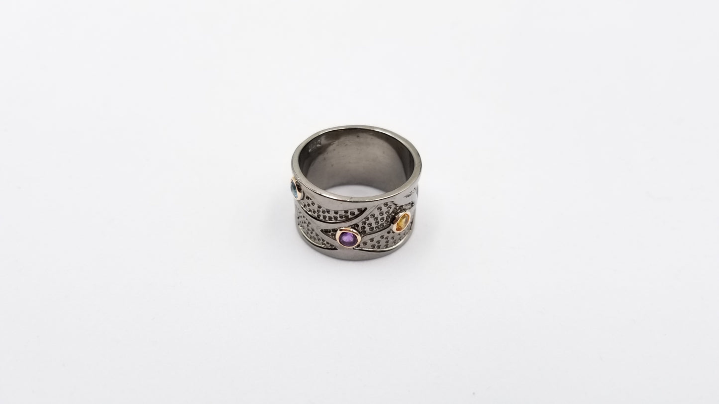 MULTI COLOR STONES BLACK RHODIUM FINISHED STERLING SILVER RING
