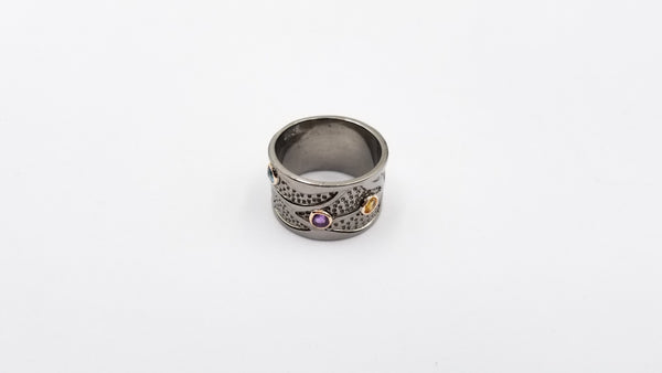 MULTI COLOR STONES BLACK RHODIUM FINISHED STERLING SILVER RING