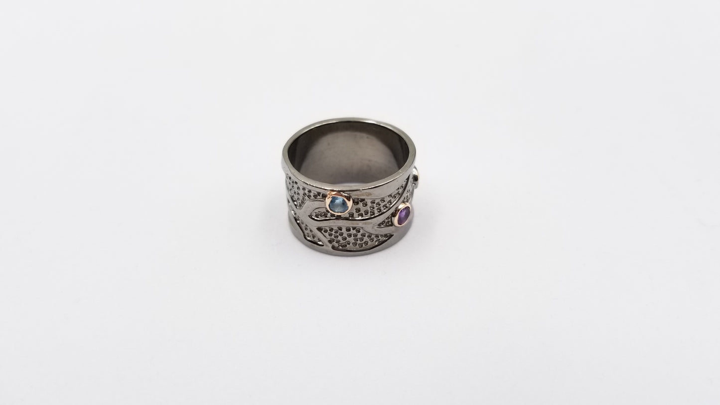 MULTI COLOR STONES BLACK RHODIUM FINISHED STERLING SILVER RING