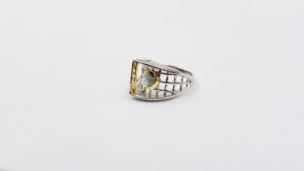 AQUAMARINE TWO TONE WITH CRYSTAL STERLING SILVER RING