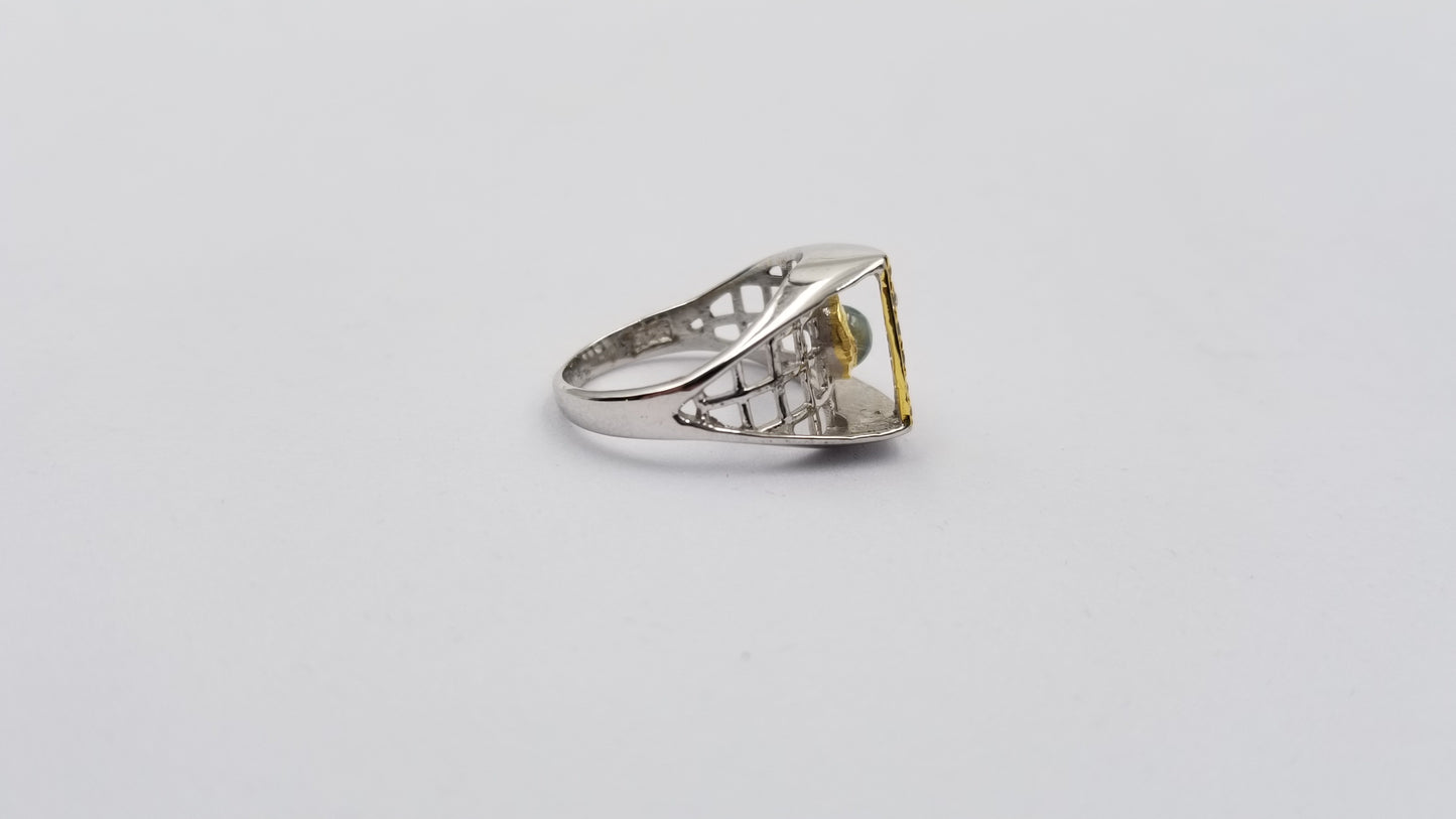AQUAMARINE TWO TONE WITH CRYSTAL STERLING SILVER RING