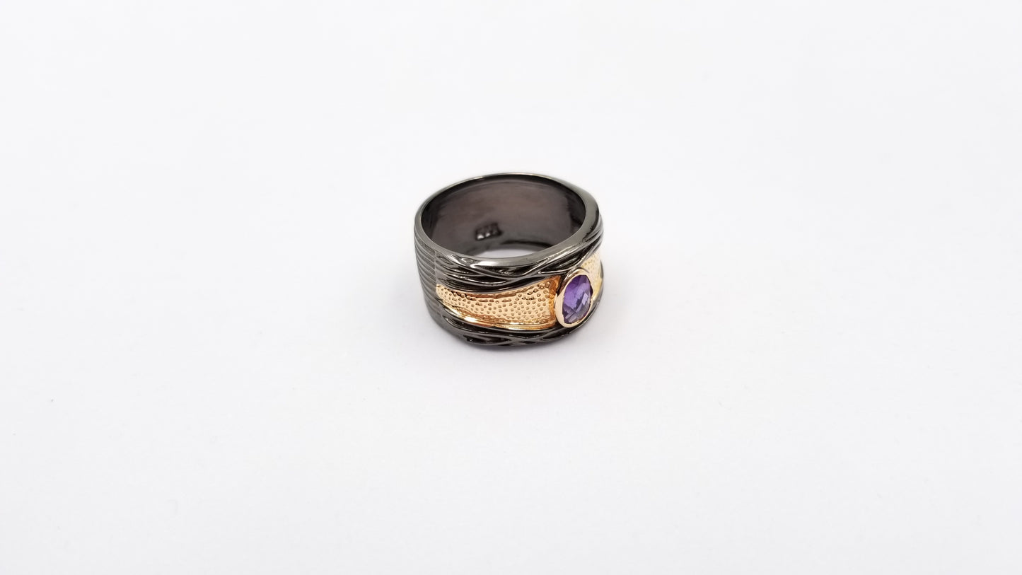 AMETHYST TWO TONE BLACK RHODIUM STERLING SILVER RING