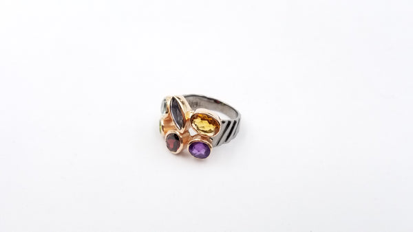 MULTI COLOR STONES TWO TONE /BLACK RHODIUM STERLING SILVER RING