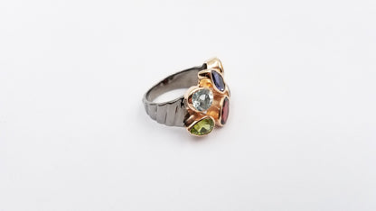 MULTI COLOR STONES TWO TONE /BLACK RHODIUM STERLING SILVER RING