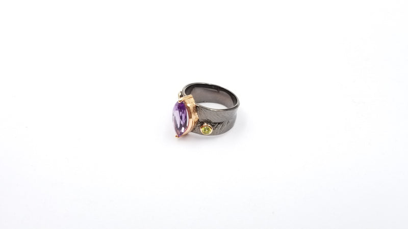 AMETHYST MARQUISE CUT TWO TONE /BLACK RHODIUM FINISHED STERLING SILVER RING