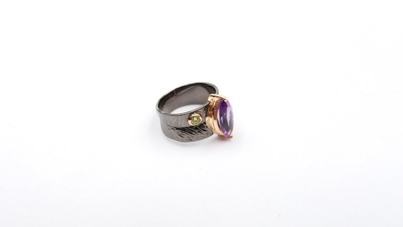 AMETHYST MARQUISE CUT TWO TONE /BLACK RHODIUM FINISHED STERLING SILVER RING