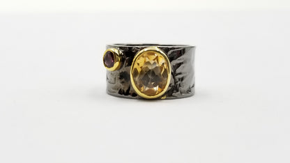 CITRINE W/PINK TOUMALINE TWO TONE /BLACK RHODIUM FINISHED STERLING SILVER RING