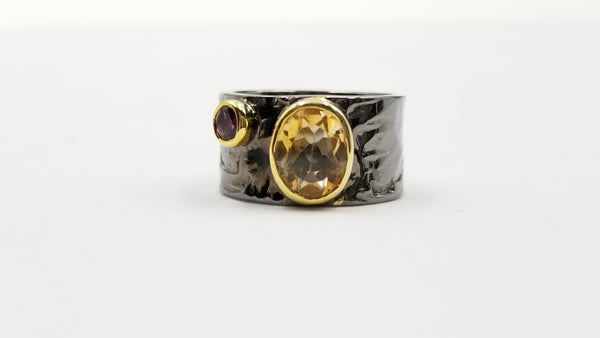 CITRINE W/PINK TOUMALINE TWO TONE /BLACK RHODIUM FINISHED STERLING SILVER RING