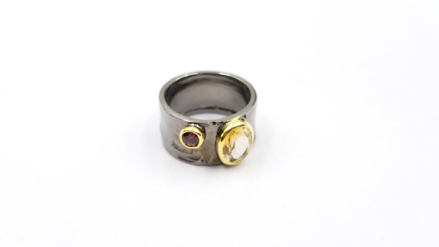 CITRINE W/PINK TOUMALINE TWO TONE /BLACK RHODIUM FINISHED STERLING SILVER RING