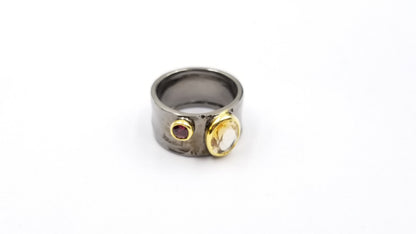 CITRINE W/PINK TOUMALINE TWO TONE /BLACK RHODIUM FINISHED STERLING SILVER RING
