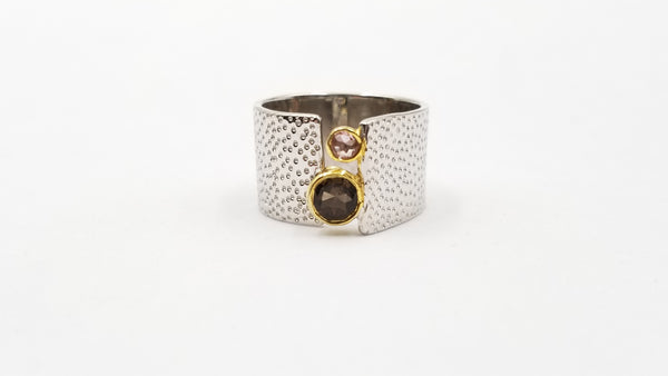 SMOKE TOUMALINE /CITRINE TWO TONE STERLING SILVER RING