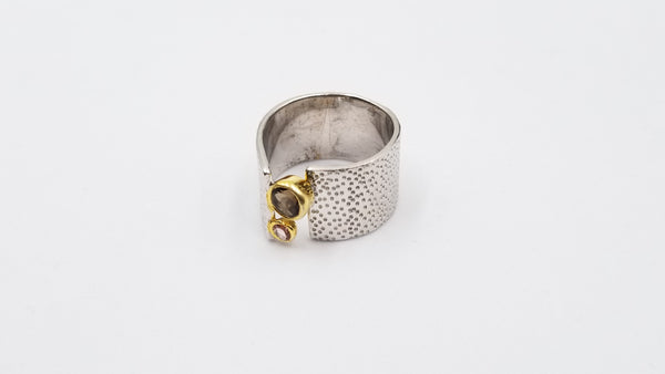 SMOKE TOUMALINE /CITRINE TWO TONE STERLING SILVER RING